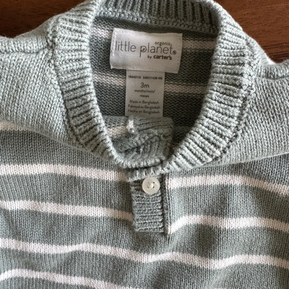 Little Planet Striped Sage Green and White Organic Cotton Knit Jumpsuit 3M